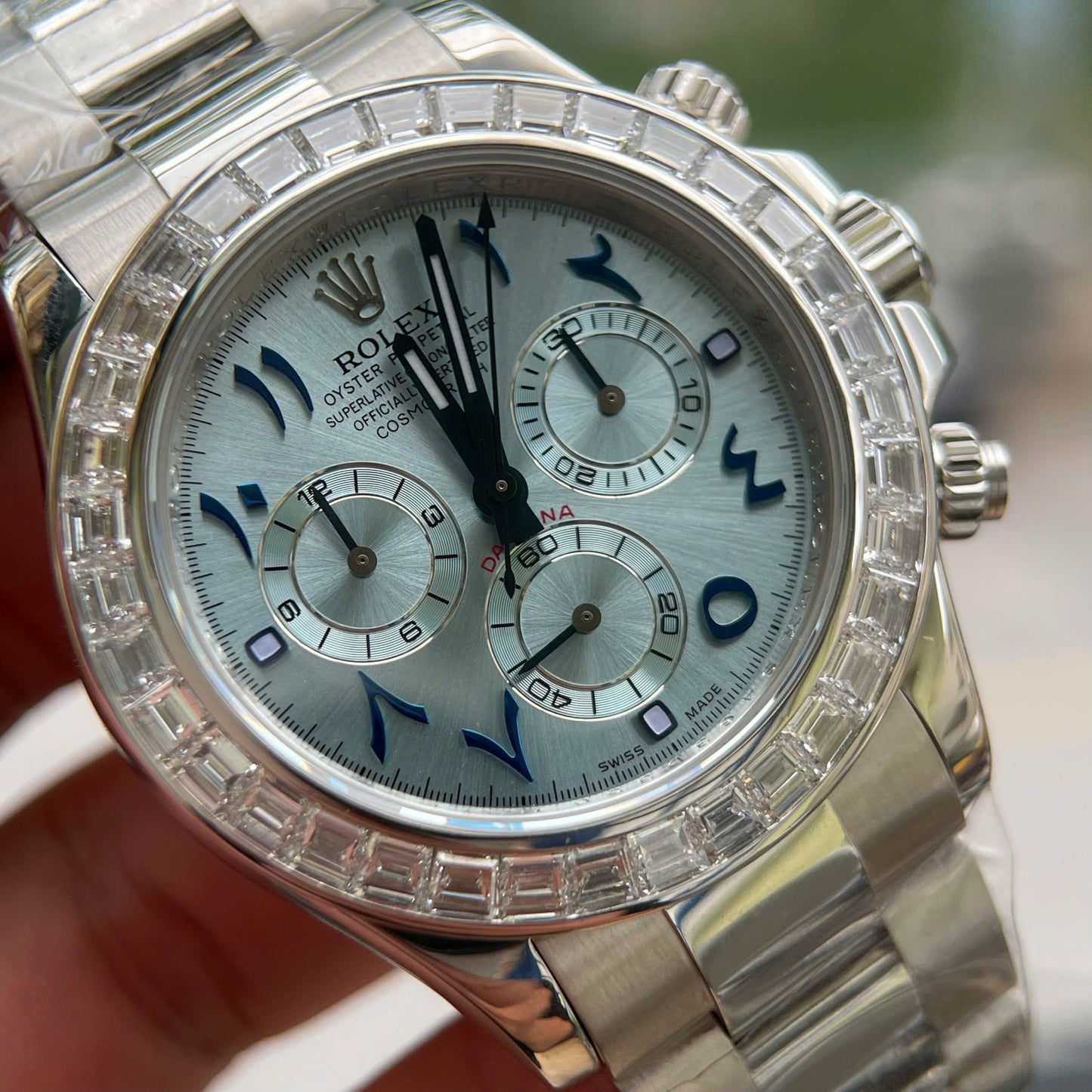 Rolex Daytona Best Replica Watch Custom Solid White Gold + Diamonds Baguette Hong Kong 40mm