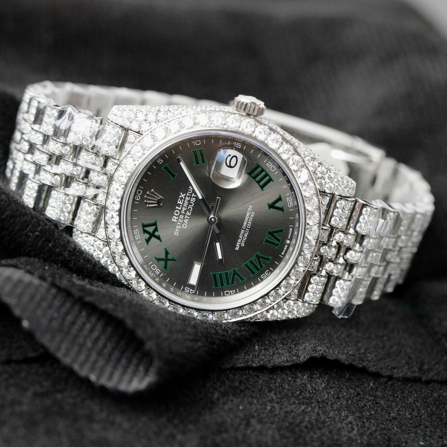 Rolex DateJust Best Copies Watch Dial Wimbledon Custom Full Moissanite Diamonds 41mm