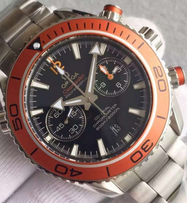 Replica Omega Planet Ocean 45mm Chrono Orange Bezel Black Dial SS Bracelet A7750