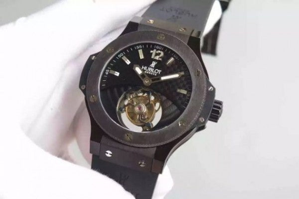 Replica Hublot Big Bang Tourbillon PVD Black Textured Dial Black Rubber Strap