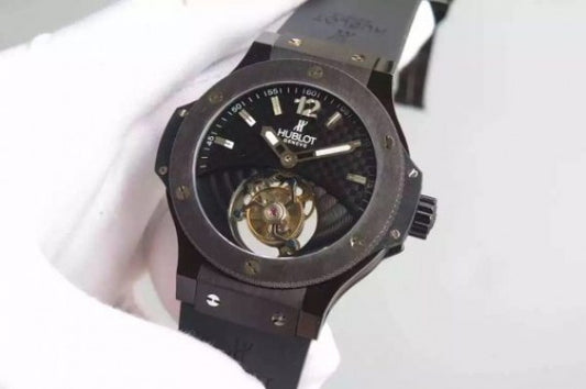 Replica Hublot Big Bang Tourbillon PVD Black Textured Dial Black Rubber Strap