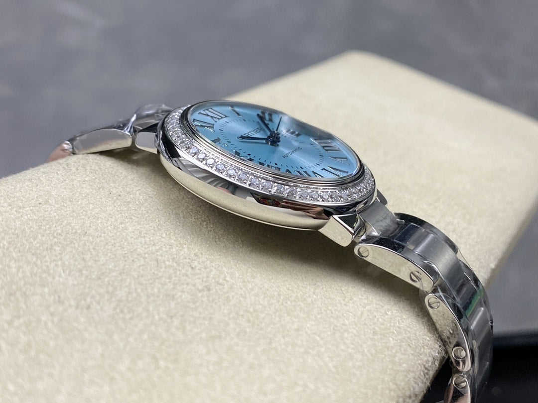 Ballon Bleu de Fake Cartier Watch Steel Diamond Bezel 33mm Blue Silver Dial W4BB0028(1:1 replica)