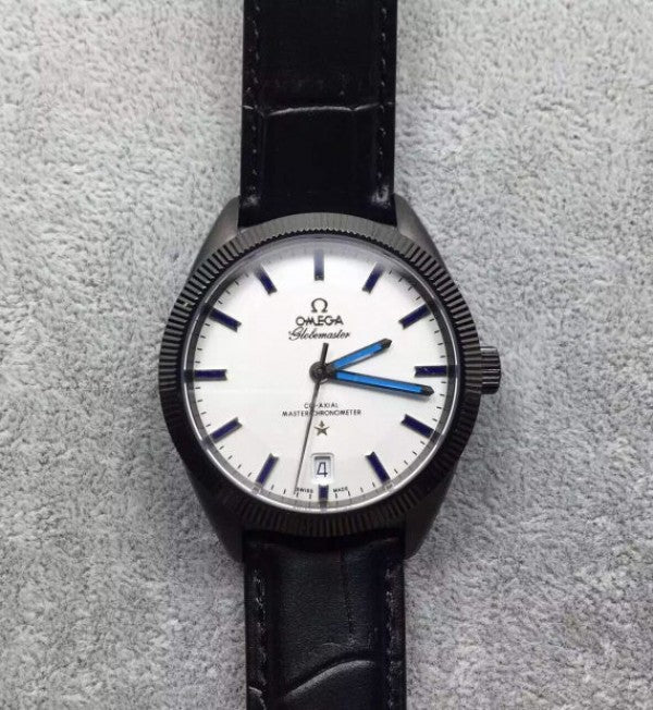 Replica Omega Globemaster Master DLC Blue Pointer White Dial Leather Strap A8900