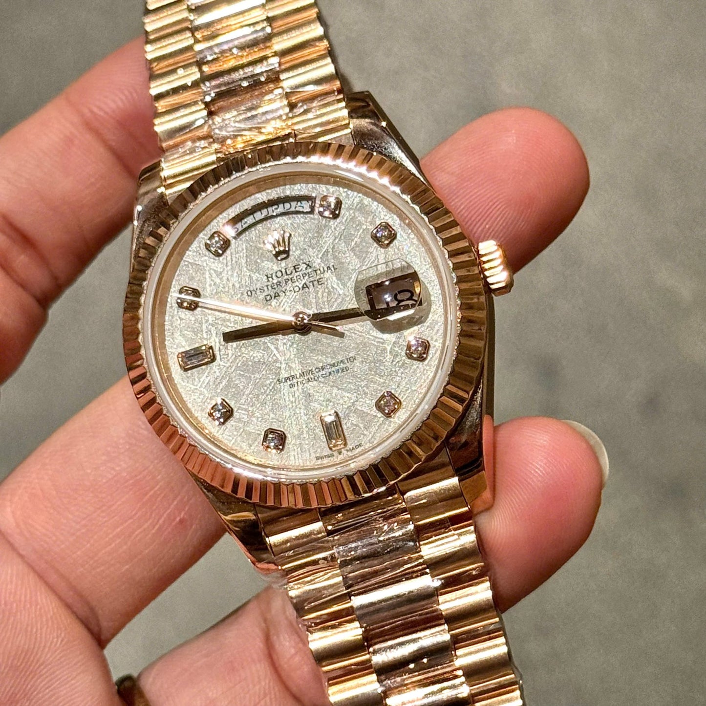 Rolex Replica Watch Day-Date Meteorite Dial With Moissanite Diamonds Hour Markers Custom Gold Wrapped GMF 40mm