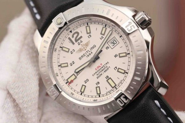 Replica Breitling Colt Automatic 44mm SS GF White Textured Dial on Black Leather Strap A2824