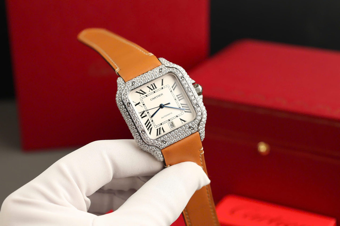 Cartier Santos White Dial Replica Watch Custom Diamonds Moissanite BV Factory 39.8mm