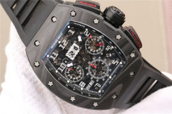 Replica Richard Mille RM011 NTPT Carbon Case Chronograph KVF Crystal Skeleton Dial White Black Rubber Strap A7750