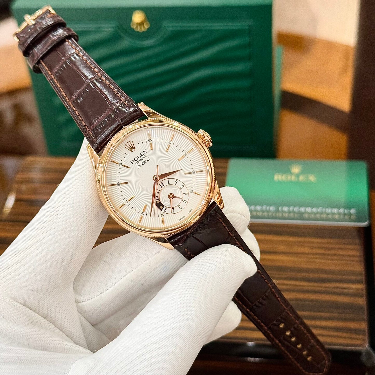 Rolex Cellini 50525 Replica Watch Rose Gold Brown Strap 39mm