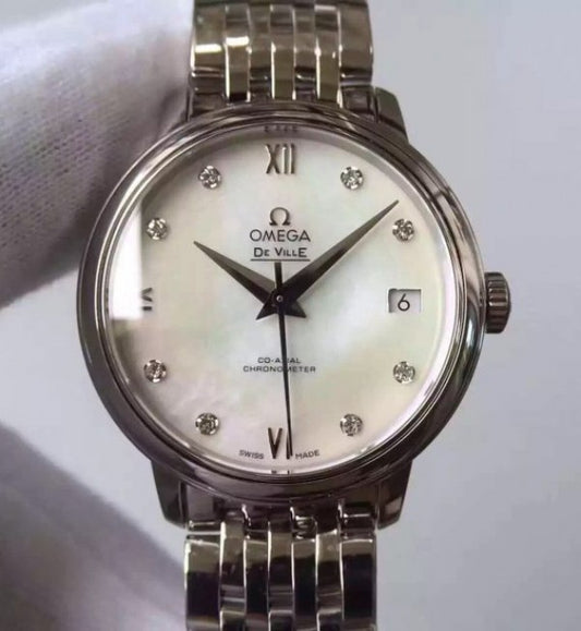 Replica Omega MKF De Ville 33mm Diamonds Markers White Dial SS Bracelet A2824