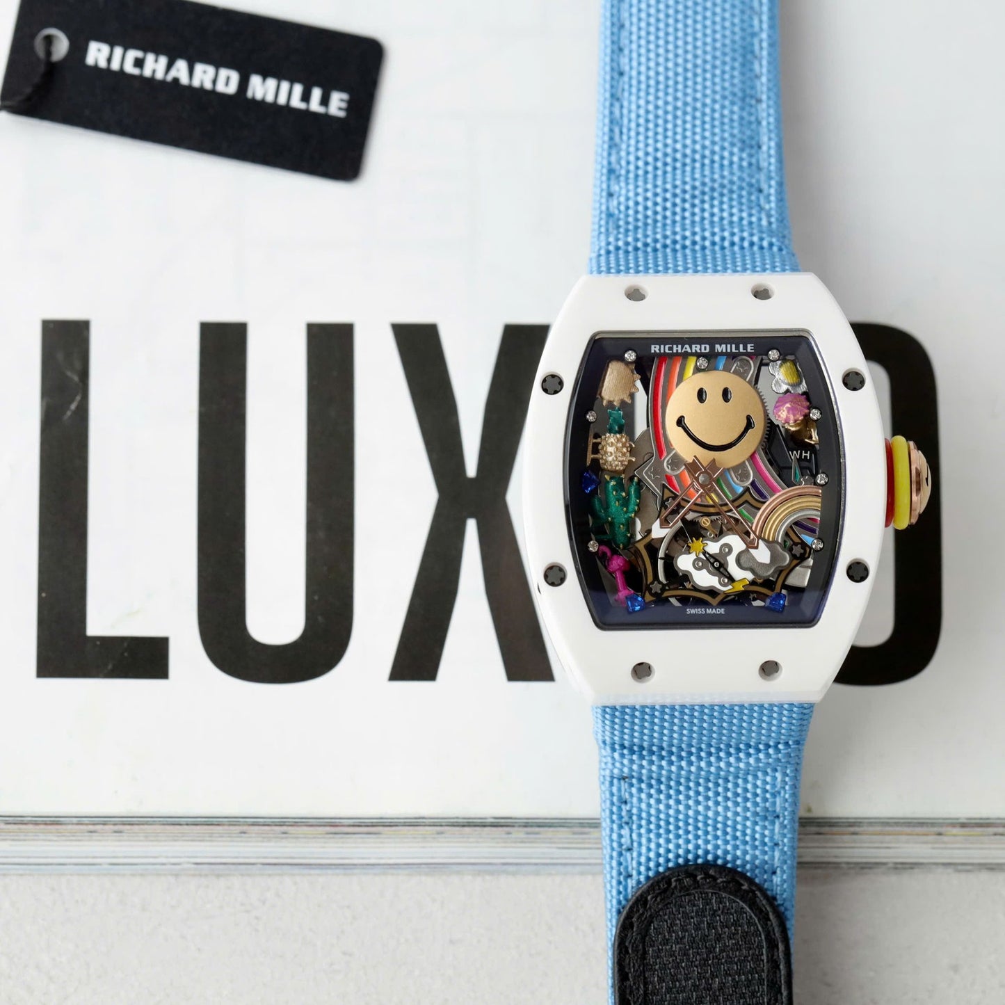 Richard Mille Best Copies Watch RM88 Smiley White Ceramic Fabic Nato Strap 42mm