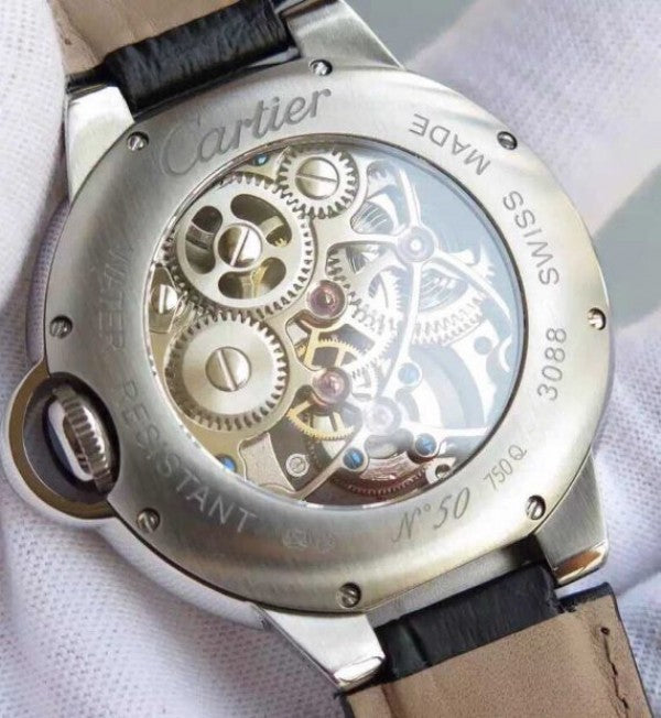 Replica Cartier Ballon Bleu Skeleton Tourbillon Black Dial Black Leather Strap