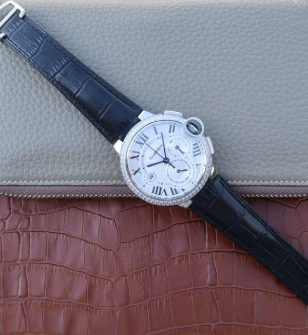 Replica Cartier Ballon Bleu De Cartier Chrono SS White Dial Diamonds Bezel A8101
