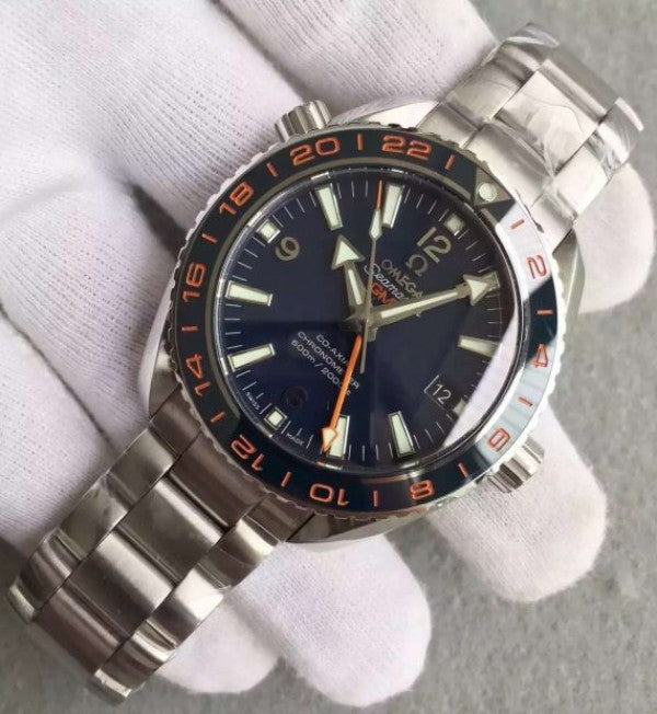 Replica Omega Planet Ocean GMT Goodplanet Blue Bezel Orange Marker Blue Dial SS Bracelet A8605