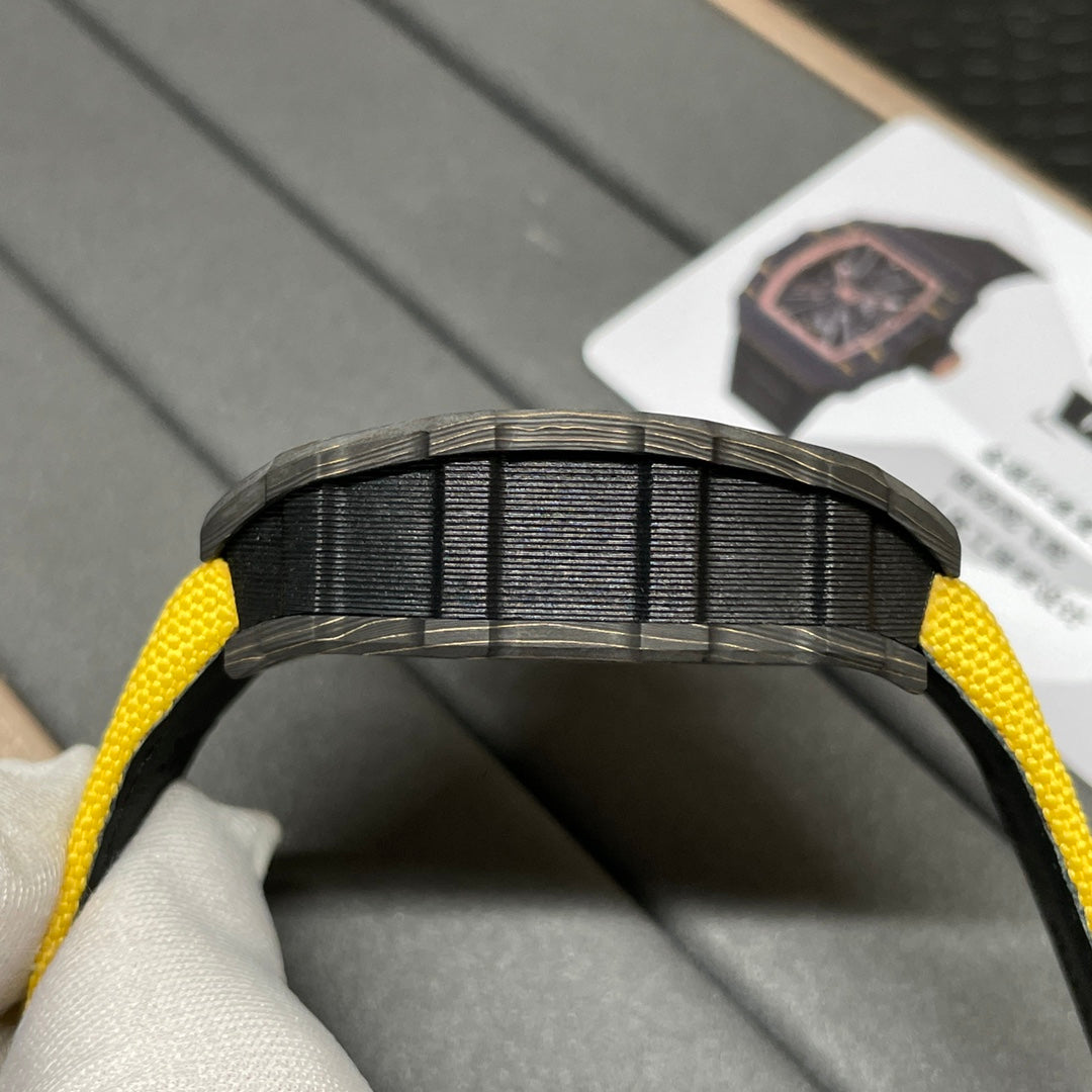 Swiss Replica Richard Mille RM 12-01 Tourbillon Watch ¨C Bold Yellow Fabric Strap, Carbon Fiber Barrel Case, Skeleton Dial