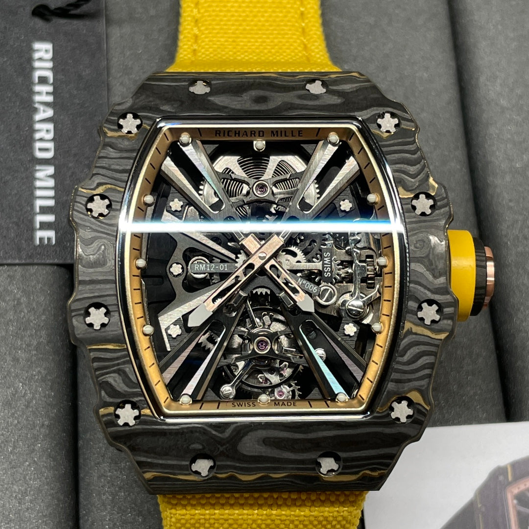 Swiss Replica Richard Mille RM 12-01 Tourbillon Watch ¨C Bold Yellow Fabric Strap, Carbon Fiber Barrel Case, Skeleton Dial