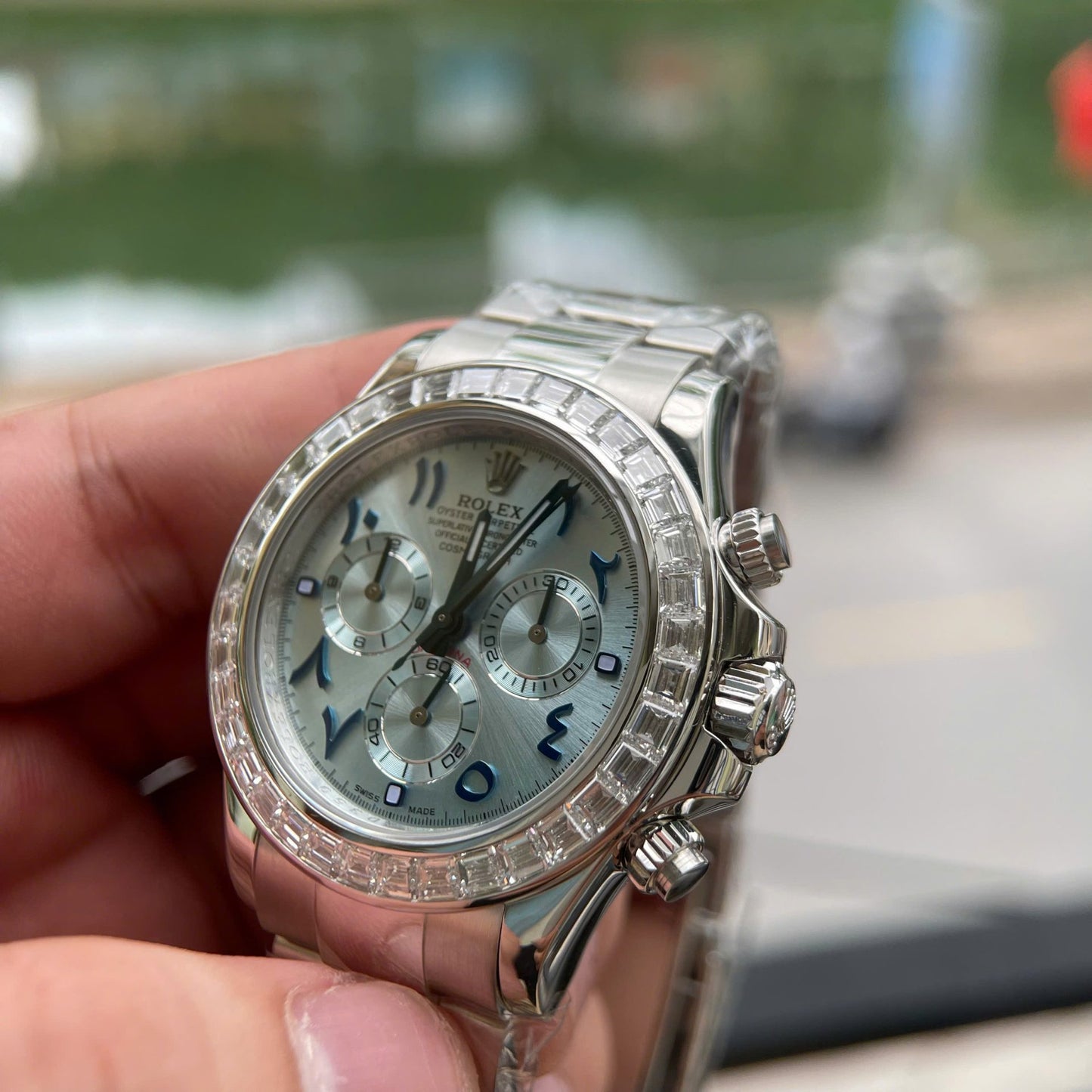 Rolex Daytona Best Replica Watch Custom Solid White Gold + Diamonds Baguette Hong Kong 40mm