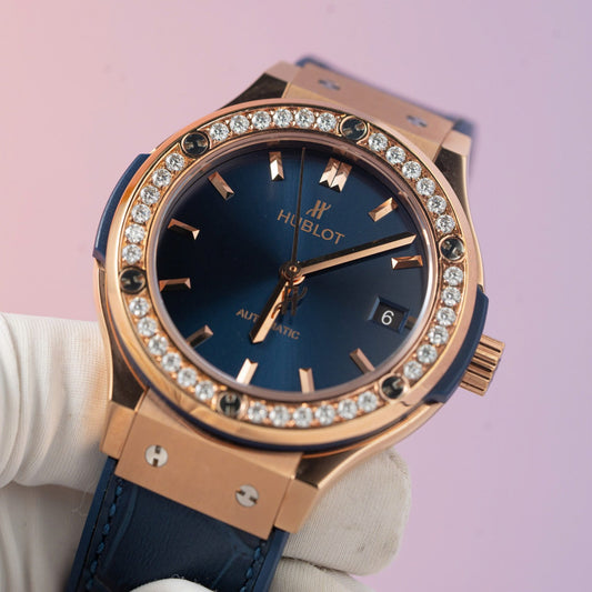 Hublot Replica Watch Classic Fusion King Gold Blue Dial Moissanite Diamond Bezel 38mm
