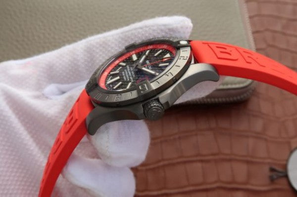 Replica Breitling Avenger GMT PVD GF Carbon Fiber Dial Red Rubber Strap A2836