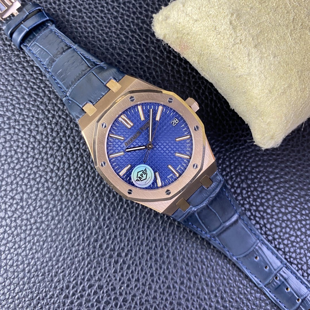 Audemars Piguet Replica AP Watch Royal Oak Selfwinding ¡°50th Anniversary¡± 41mm Rose Gold Blue Dial Leather Strap 15510OR.OO.D315CR.01-APS(1:1 replica)