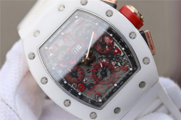 Replica Richard Mille RM011 RG White Ceramic Felipe Massa Black Inner Bezel White Rubber Strap A7750