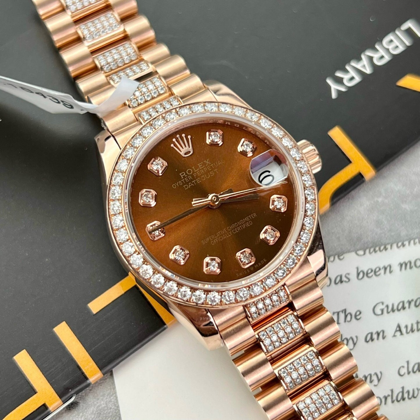 Rolex DateJust Gold Wrapped Moissanite Replica Watch With Chocolate Dial 31mm