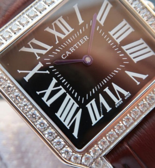 Replica Cartier Santos WH100651 Diamond SS Black Dial Leather Strap A9015