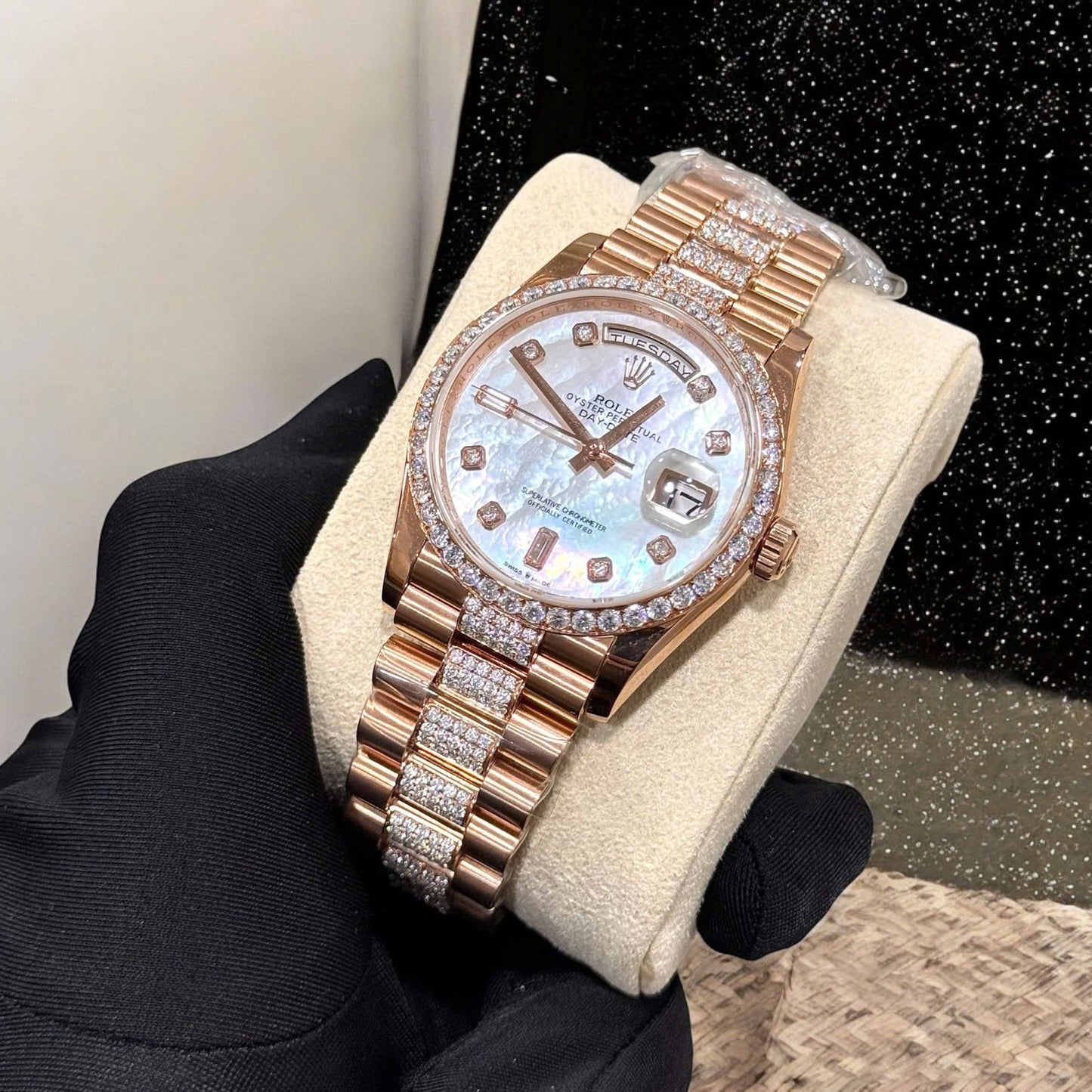 Rolex Day-Date Replica Watch Gold Wrapped Moissanite Diamonds Hong Kong 36mm