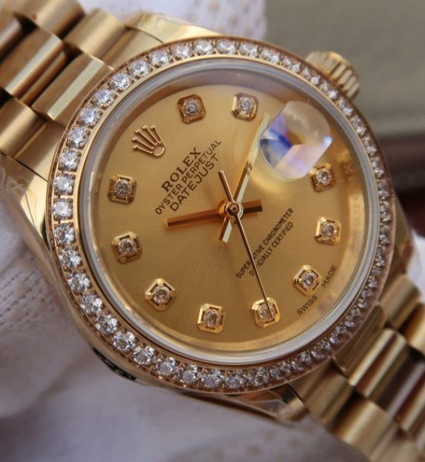 Replica Rolex DateJust 31mm Diamonds Bezel/Markers RG Case RG Gold Dial A2235