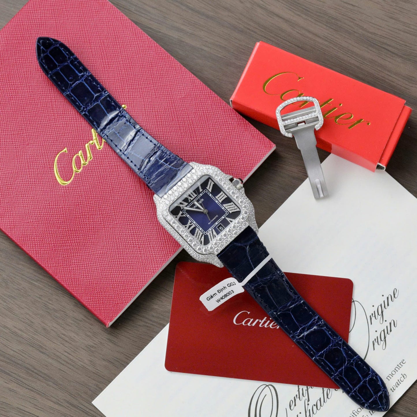 Cartier Santos Copies Watch Dial Blue Custom Diamonds Moissanite Hong Kong 39.8mm