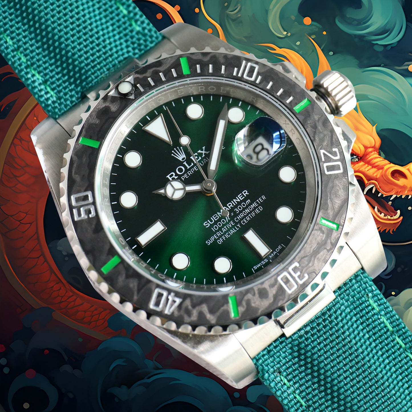 ROLEX Year of the Dragon Auspicious ?? ?? Submariner Carbon Fiber Bezel - Velcro Strap - Green(1:1 replica)