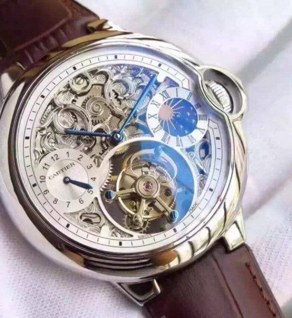 Replica Cartier Ballon Bleu Skeleton Tourbillon White Dial Brown Leather Strap