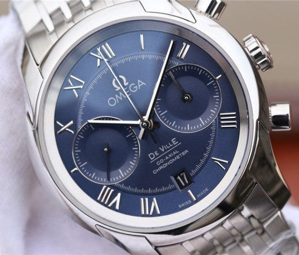 Replica Omega OMF De Ville Chronograph 42mm Blue Dial SS Bracelet A9300