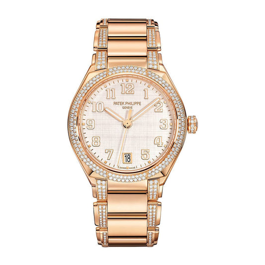 Fake Diamond Watch Replica Patek Philippe Twenty~4 Ladies Rose Gold Silver Dial 7300/1201R-001(1:1 replica)