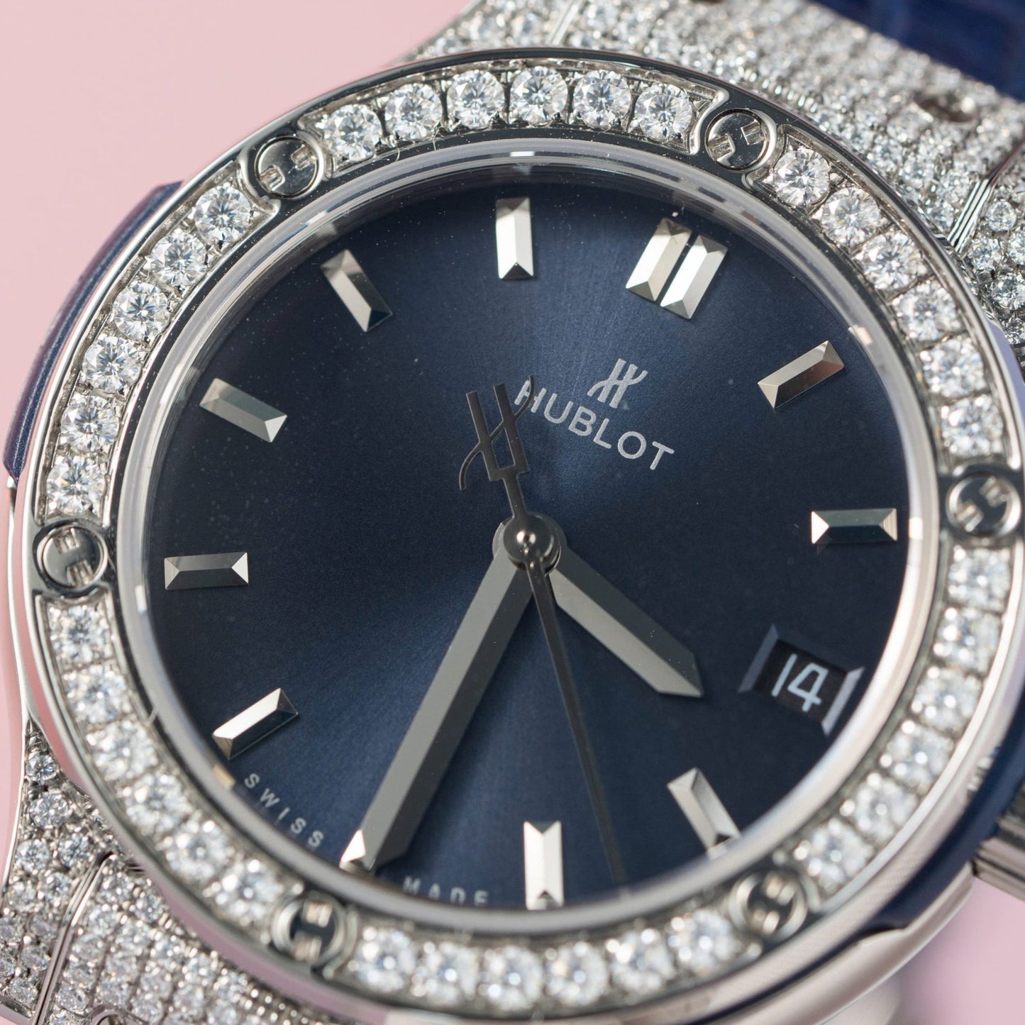 Hublot Replica 11 Watch Classic Fusion Women s Full Diamond Moissanite Blue 33mm