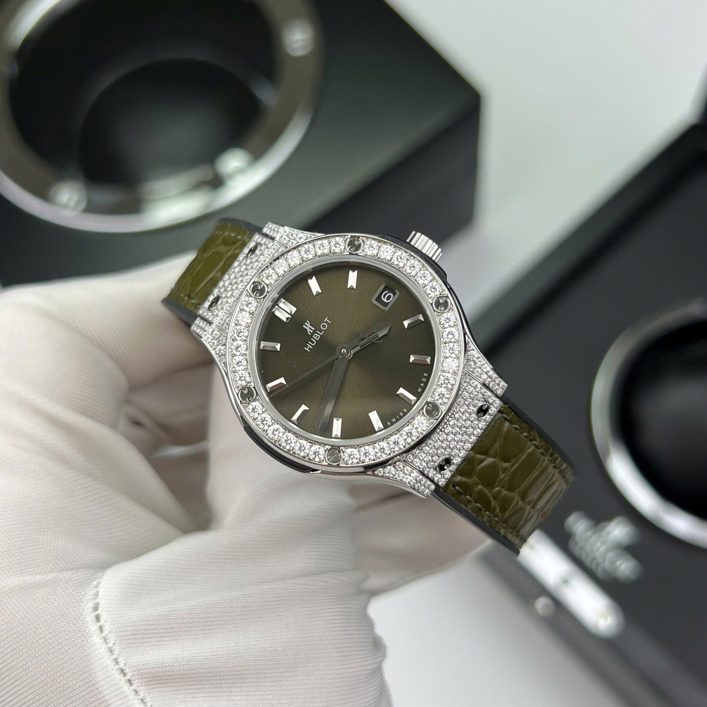 Hublot Classic Fusion Titanium Green Replica Watch Custom Moissanite Diamonds 33mm