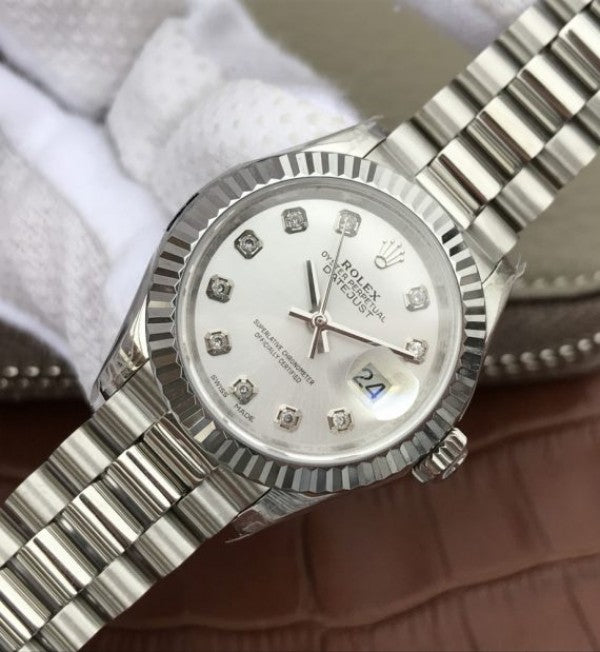 Replica Rolex DateJust 28mm Fluted Bezel White Dial Diamonds Markers Bracelet A2236