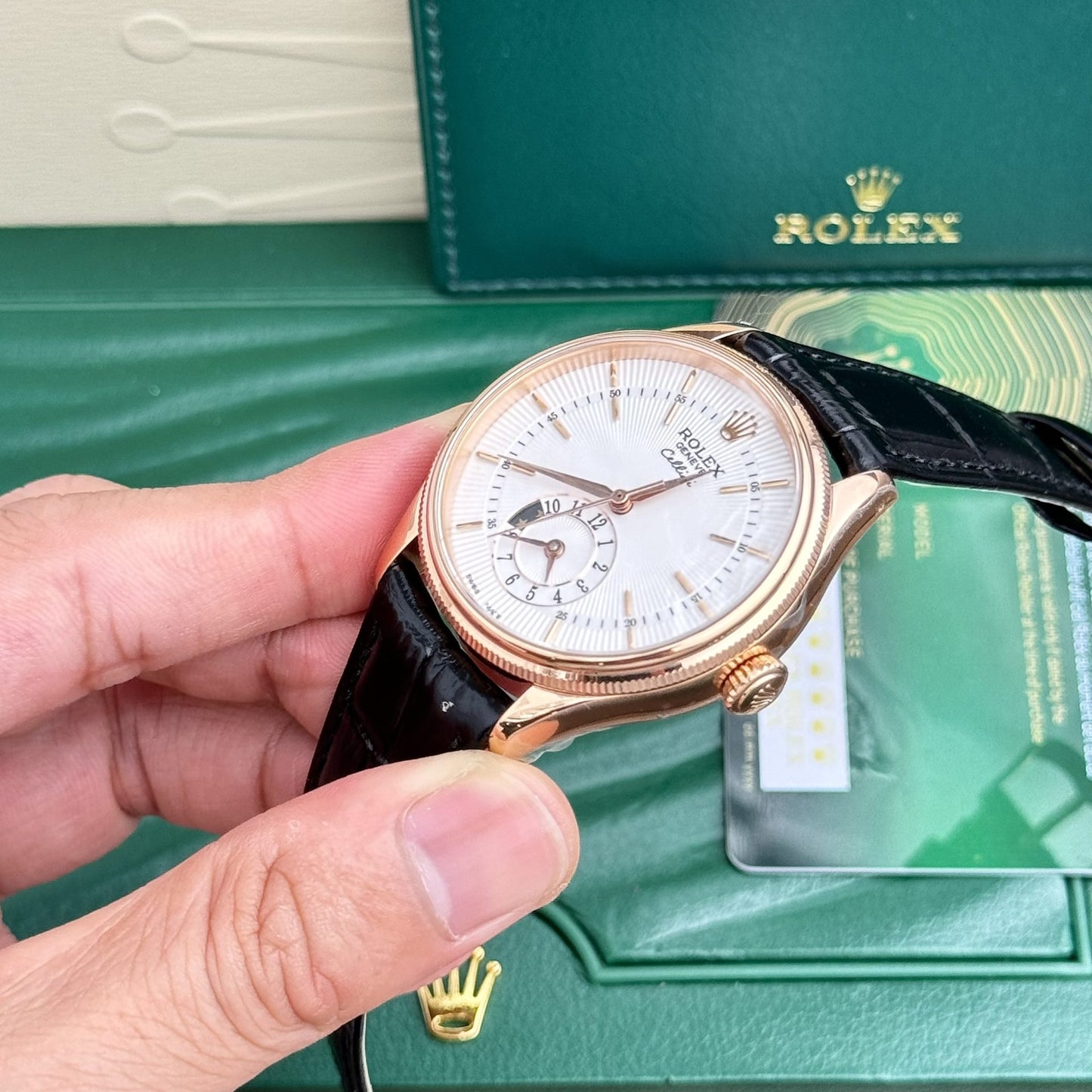 Rolex Replica 1:1 Watch Cellini 50525 White Face Black Leather Strap 39mm
