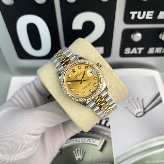 Rolex DateJust Women s Replica Watch With Stone Bezel Champagne Dial EW Factory 31mm