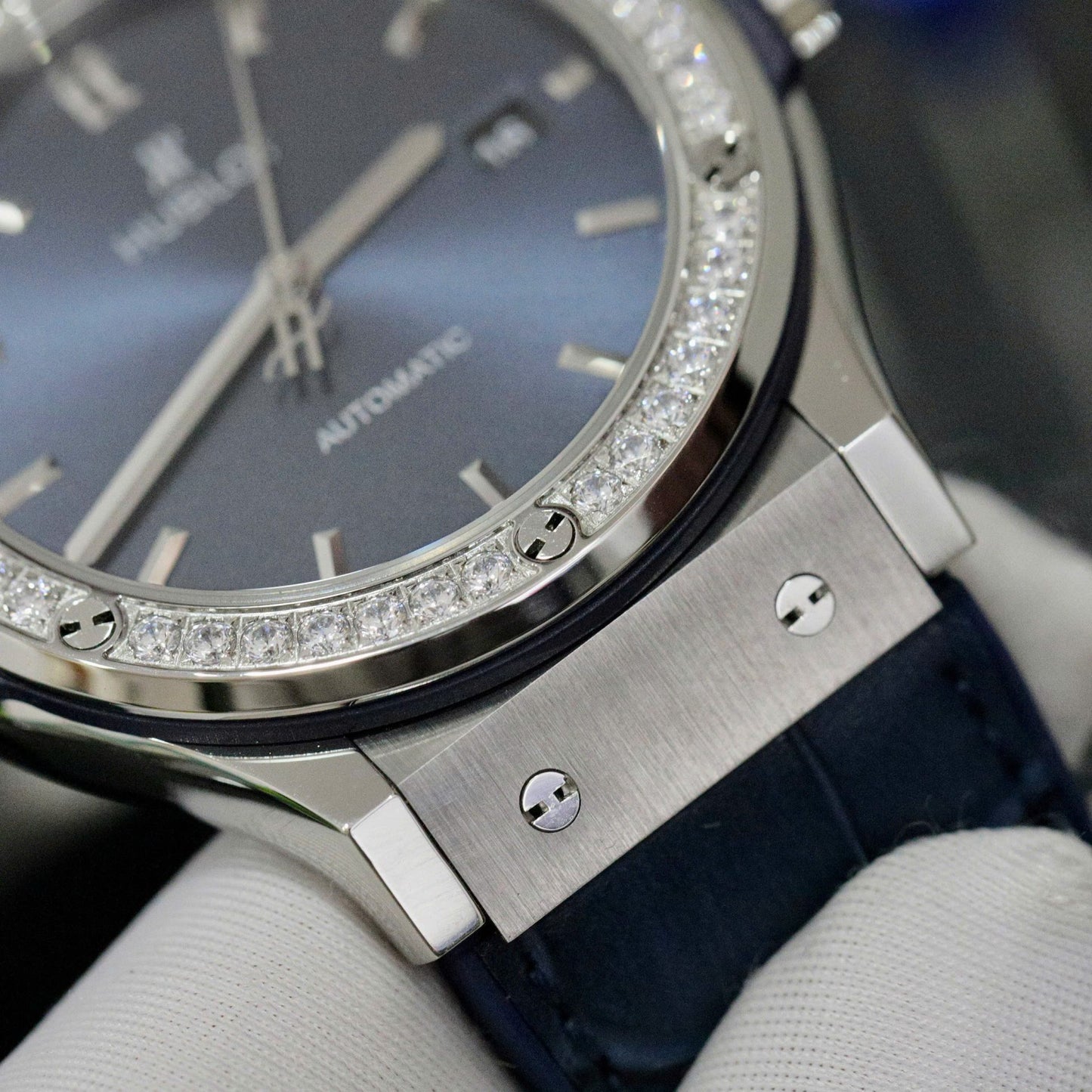 Hublot Classic Fusion Titanium Blue Dial Bezel Diamonds Replica Watch HB Factory 42mm