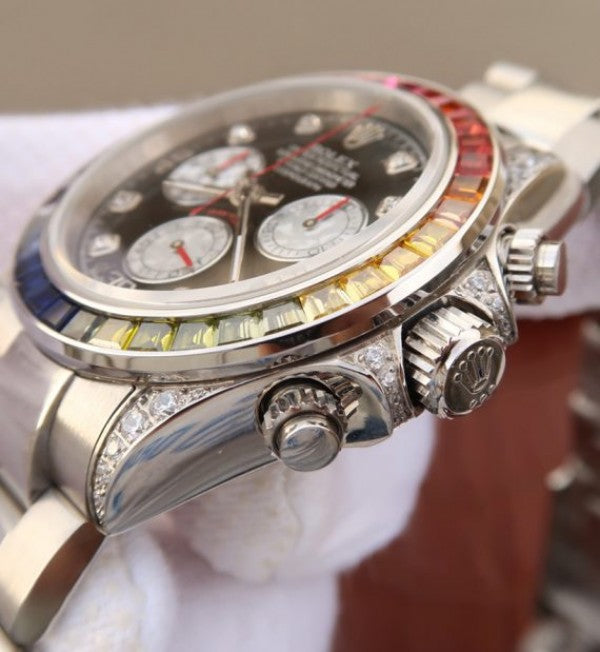 Replica Rolex Daytona 116599 Colorful Crystal Bezel Black Dial SS Bracelet A7750