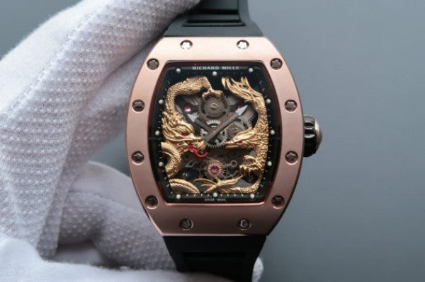 Replica Richard Mille RM057 Dragon Phoenix RG Case YG Dragon Dial Black Rubber Strap