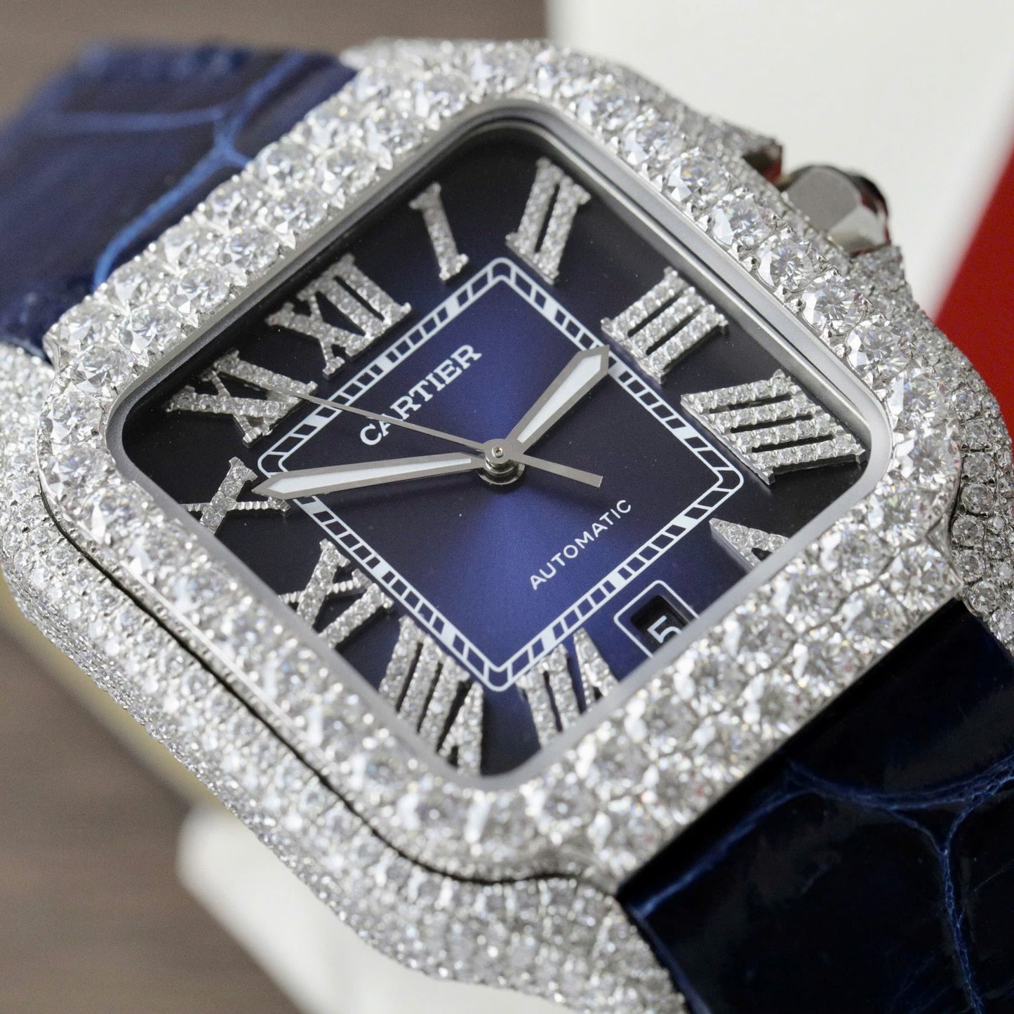 Cartier Santos Copies Watch Dial Blue Custom Diamonds Moissanite Hong Kong 39.8mm