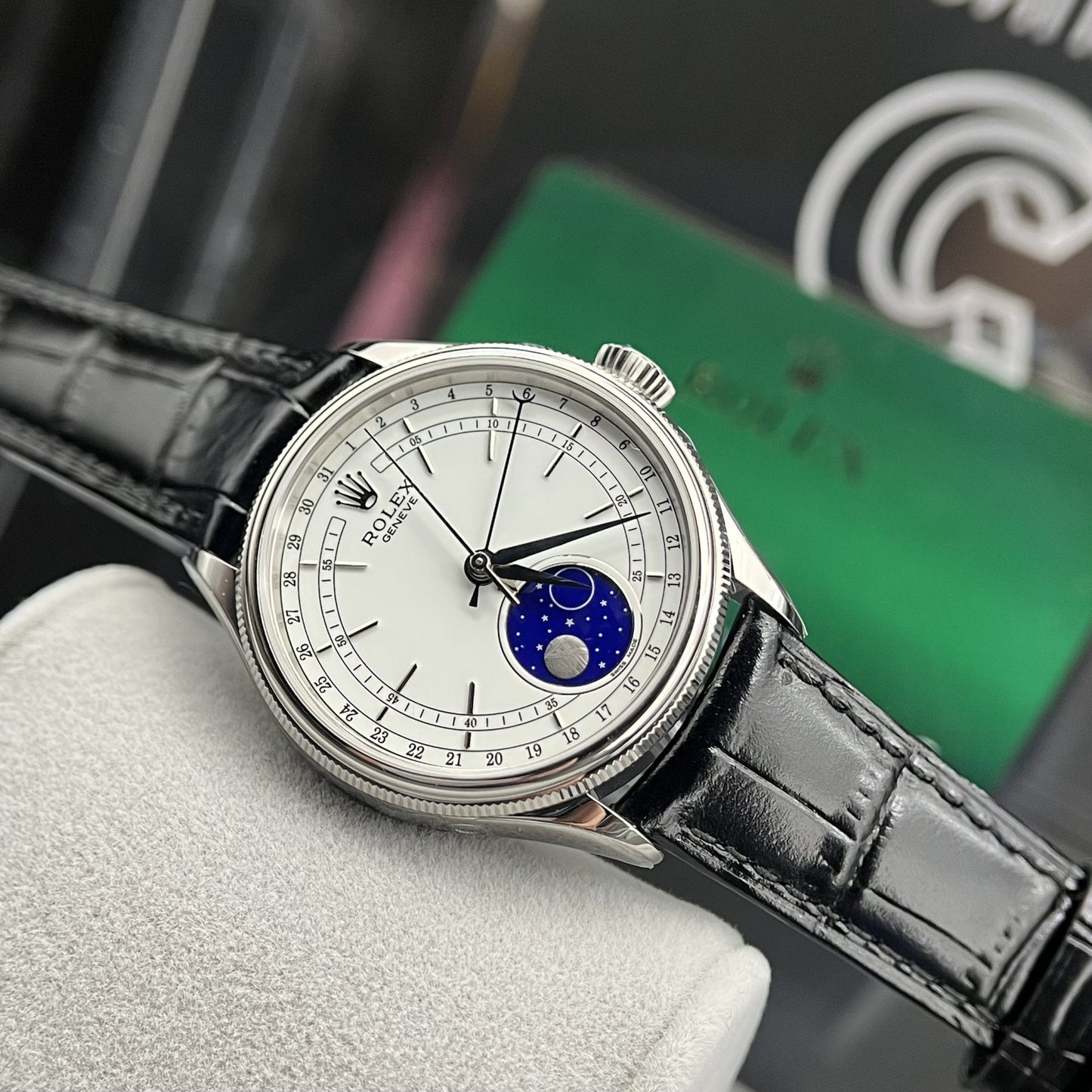 Rolex Moonphase 50535 Replica Watch Black Leather Strap 39mm