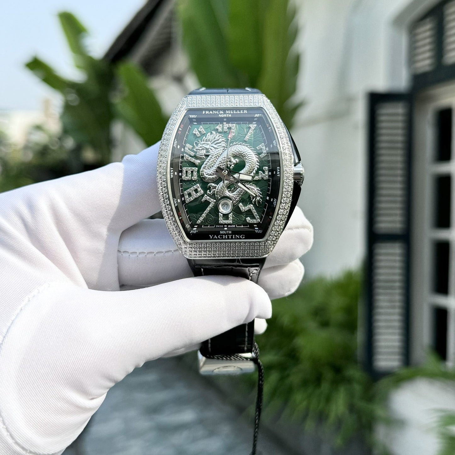 Franck Muller Replica 11 Watch V45 Green Dragon Dial With Stone  45mm