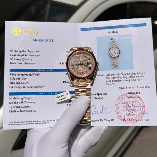 Rolex Best Replica Watch Day-Date Custom Ruby Red   Baguette Moissanite Diamonds GM Factory 40mm