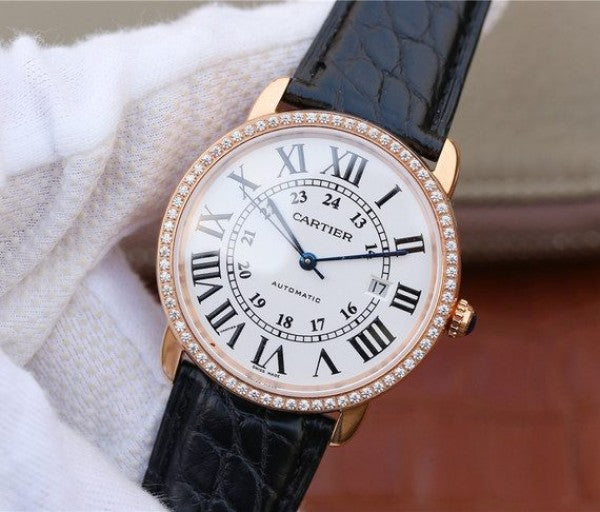 Replica Cartier Ronde De Cartier RG White Dial Diamonds Bezel Croco Strap A2892