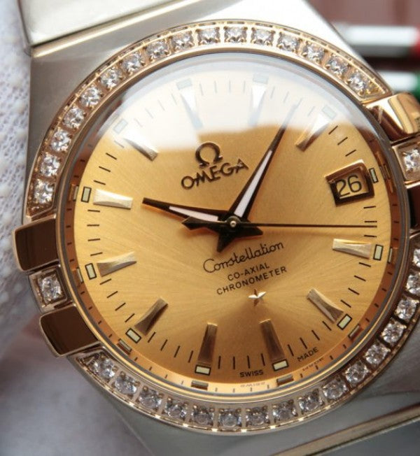 Replica Omega V6 Constellation 35mm Diamonds Bezel YG Dial SS Bracelet A2500