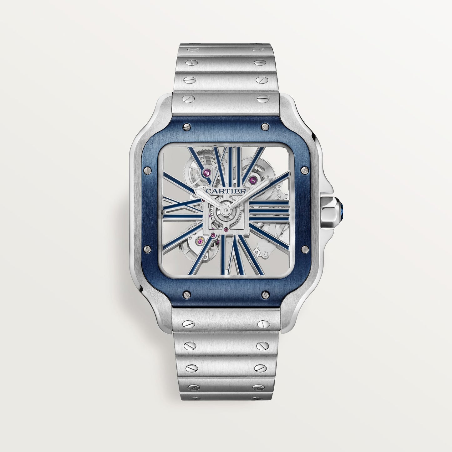 Fake Cartier Watch Santos large model mechanical movement with manual winding caliber Steel Blue Skeleton Dial WHSA0026 TWF(1:1 replica)