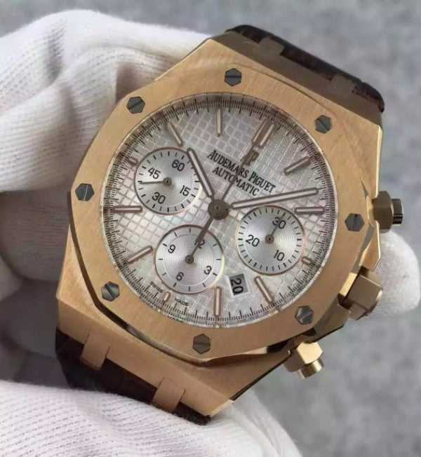 Replica Audemars Piguet Royal Oak Chronograph SS White Dial Leather Strap A7750
