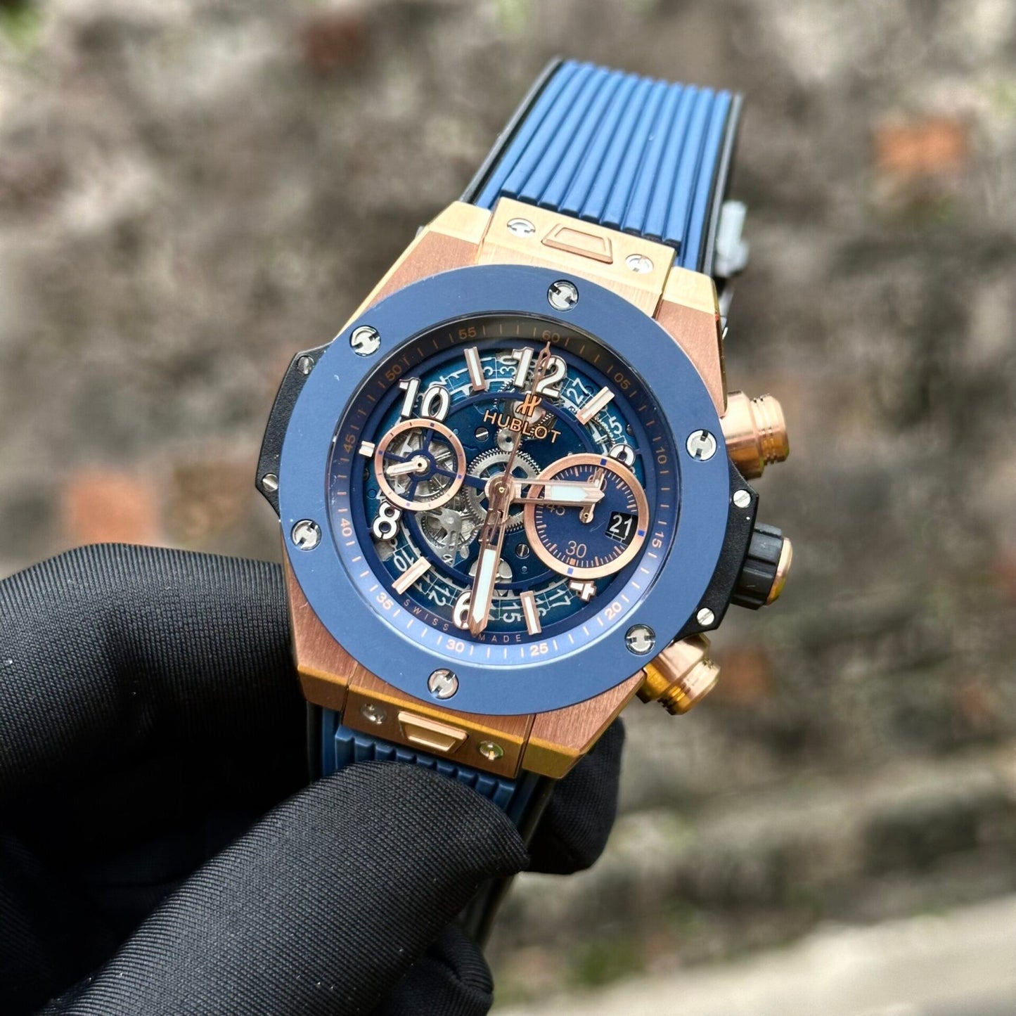 Hublot Replica Watch Big Bang Unico King Gold Blue Ceramic Benzel 44mm
